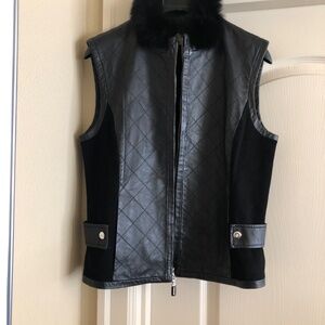 St John Collection Black Leather and Suede Vest Fox Fur Collar Worn Twic…